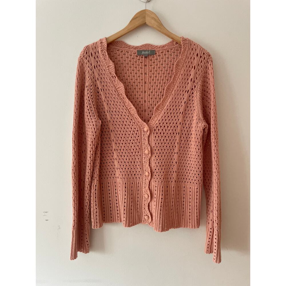 Marled Pink Open Knit Cardigan V-Neck Crochet Stitch Cottagecore Ballet Medium